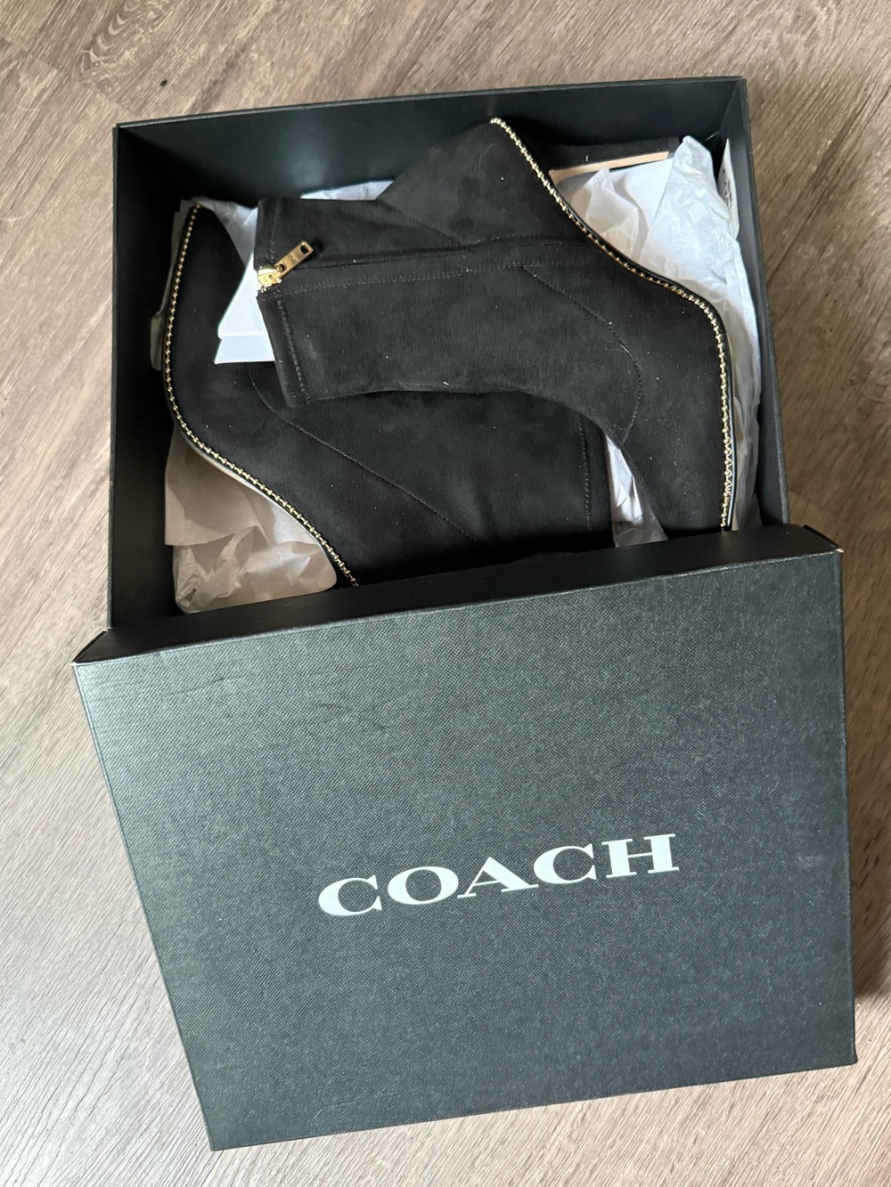 Coach Weston Stretch Booties Black Suede Stud Trim Pointed Toe Heel Size 7 NIB - Picture 3 of 8